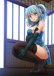 Rule 34 | 1girl, :d, aqua hair, bang dream!, bare shoulders, black footwear, black gloves, black thighhighs, blue dress, blurry, blush, breasts, china dress, chinese clothes, cleavage, cleavage cutout, clothing cutout, commentary, day, depth of field, dress, elbow gloves, full body, gloves, hair ornament, high heels, highres, indoors, kazenokaze, large breasts, long hair, looking at viewer, matsubara kanon, one side up, open mouth, pelvic curtain, pumps, purple eyes, sidelocks, sleeveless, sleeveless dress, smile, solo, squatting, sunlight, thighhighs, thighs