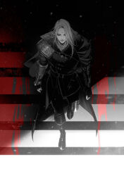 Rule 34 | 1boy, alle page, arms at sides, belt, blood, boots, closed eyes, coat, collarbone, final fantasy, final fantasy xiv, fingerless gloves, from above, full body, garlean, gloves, greyscale, jewelry, knee boots, knee pads, long sleeves, male focus, medium hair, monochrome, pants, pendant, shade, single knee pad, single vambrace, smile, solo, spot color, stairs, third eye, vambraces, walking, zenos yae galvus