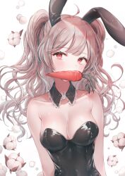 Rule 34 | 1girl, ahoge, animal ears, armpit crease, arms at sides, bare shoulders, black collar, black leotard, blush, breasts, brown hair, carrot, cleavage, collar, collarbone, commentary, commentary request, covered mouth, covered navel, detached collar, fake animal ears, flower, frilled collar, frills, leotard, long hair, looking at viewer, medium breasts, mouth hold, original, ozzingo, playboy bunny, rabbit ears, red eyes, revision, sidelocks, simple background, solo, strapless, strapless leotard, symbol-only commentary, tareme, two side up, upper body, wavy hair, white background, wing collar