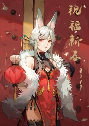 Rule 34 | 1girl, 2019, animal ear fluff, animal ears, bare shoulders, black gloves, black thighhighs, breasts, china dress, chinese clothes, cleavage cutout, clothing cutout, commentary request, cowboy shot, dress, fur collar, gloves, hair ornament, hairpin, hands up, highres, holding, holding lantern, lantern, long hair, looking at viewer, original, paper lantern, pelvic curtain, pudding (8008208820), red dress, red eyes, side slit, sidelocks, silver hair, single glove, sleeveless, sleeveless dress, sleeveless turtleneck, small breasts, smile, solo, standing, thighhighs, thighs, turtleneck, x hair ornament