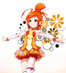 Rule 34 | 10s, 1girl, bike shorts, bike shorts under skirt, bow, bowtie, brooch, choker, cure sunny, dress, floral background, flower, hair bun, hair ornament, hairpin, highres, hino akane (smile precure!), hirano ryouji, jewelry, magical girl, orange bow, orange bowtie, orange dress, orange eyes, orange hair, orange skirt, orange theme, outstretched arms, precure, red shorts, short hair, shorts, shorts under skirt, single hair bun, skirt, smile precure!, solo, spread arms, thighhighs, white background, white thighhighs