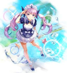 Rule 34 | 1girl, ahoge, anchor symbol, ankle cuffs, aqua hair, bare legs, blue bow, blue bowtie, blue dress, blue footwear, blurry, blurry background, blush, boba, bow, bowtie, breasts, cleavage, colored inner hair, commentary, dress, drill hair, full body, grin, hololive, long hair, looking at viewer, maid headdress, medium breasts, minato aqua, minato aqua (1st costume), multicolored hair, ocean, palm tree, purple eyes, purple hair, shoes, short sleeves, smile, solo, sparkle, starfish, streaked hair, thighs, tree, twin drills, twintails, two-tone hair, virtual youtuber, water drop, wrist cuffs