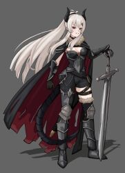 Rule 34 | 1girl, alternate costume, armor, boots, bracelet, breasts, cape, full body, grey background, grey hair, highres, jewelry, knight, large breasts, long hair, looking down, red eyes, ripped cape, saruei (vtuber), shoulder armor, source request, sword, tail, tsngrmn, virtual youtuber, weapon