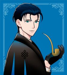 Rule 34 | 1boy, black capelet, black gloves, black hair, blue background, border, capelet, disneysmoo, fate/grand order, fate (series), formal, framed, from side, gloves, green eyes, hair slicked back, highres, holding, holding smoking pipe, long sleeves, looking at viewer, male focus, ornate border, outside border, sherlock holmes (fate), short hair, smile, smoking pipe, solo