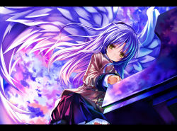 Rule 34 | 10s, 1girl, angel beats!, angel wings, from below, instrument, letterboxed, long hair, looking at viewer, looking down, music, piano, playing instrument, revision, school uniform, shino (eefy), silver hair, solo, tenshi (angel beats!), wind, wings, yellow eyes
