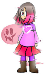 Rule 34 | 1girl, akumu (glitchtale), bete noire, boots, brown hair, glitchtale, non-web source, pink eyes, pink hair, pink shirt, purple shirt, shirt, short hair, skirt, solo, source request, white background