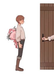 Rule 34 | 1boy, absurdres, arm at side, belt, black pants, blush, boots, bouquet, brown footwear, brown hair, censored, check commentary, chilchuck&#039;s wife, chilchuck tims, collared shirt, commentary request, dungeon meshi, flower, from side, full body, hetero, highres, holding, holding behind back, holding bouquet, knee boots, korean commentary, looking at another, mosaic censoring, nervous, opening door, out of frame, p1ngd0, pants, pink flower, pink rose, profile, rose, shirt, short hair, simple background, solo focus, standing, sweat, white background, white flower, white rose, white shirt