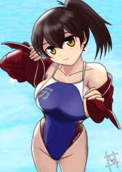 Rule 34 | 10s, 1girl, :3, alternate costume, artist name, bare shoulders, blush, breasts, brown eyes, brown hair, competition swimsuit, female focus, jacket, kaga (kancolle), kantai collection, large breasts, looking at viewer, moke ro, one-piece swimsuit, short hair, side ponytail, sideboob, smile, solo, standing, swimsuit