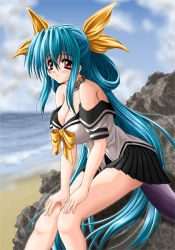 Rule 34 | 1girl, arc system works, bare shoulders, beach, breasts, cleavage, day, dizzy (guilty gear), guilty gear, large breasts, outdoors, pleated skirt, school uniform, serafuku, skirt, solo
