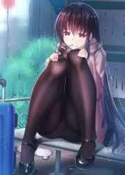 Rule 34 | 1girl, black footwear, black pantyhose, brown hair, bus stop, closed mouth, commentary request, dripping, full body, highres, hood, hood down, hooded jacket, iro ame (amewaagada), jacket, knees together feet apart, knees up, long hair, long sleeves, mouth hold, original, outdoors, panties, panties under pantyhose, pantyhose, plant, rain, shoes, sitting, solo, sparkle, suitcase, underwear, very long hair, wet, wet hair
