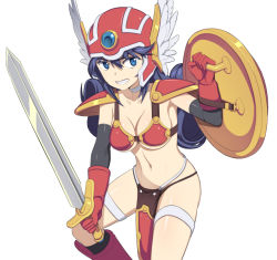 Rule 34 | 1girl, armor, bikini armor, blue eyes, breasts, caryo, cleavage, curly hair, dragon quest, dragon quest iii, dual wielding, elbow gloves, gloves, grin, helmet, holding, loincloth, long hair, midriff, nanashino, navel, purple hair, red armor, red eyes, shield, simple background, smile, soldier (dq3), solo, sword, thigh strap, underboob, weapon, white background, winged helmet