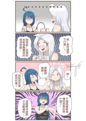 Rule 34 | 2girls, ahoge, black dress, blue hair, bosstseng, breasts, brown eyes, camisole, cheek pinching, chinese commentary, chinese text, comic, commentary request, constricted pupils, cuffs, dress, frown, green eyes, handcuffs, holding, holding whip, index fingers together, large breasts, long hair, medium breasts, multiple girls, natsuki (bosstseng), original, pinching, shaded face, signature, stretching, sweatdrop, translation request, v-shaped eyebrows, white camisole, white hair, yuri