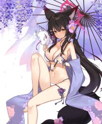Rule 34 | 1girl, absurdres, animal ears, bare legs, bare shoulders, barefoot, bikini, black hair, blue archive, blush, bow, breasts, cleavage, collarbone, flower, foot out of frame, fox ears, fox girl, fox mask, fox tail, hair bow, hair flower, hair ornament, highres, holding, holding umbrella, knee up, large breasts, legs, long hair, looking at viewer, mask, navel, purple bow, purple flower, s4bi, sidelocks, smile, solo, swimsuit, tail, thighs, toes, umbrella, very long hair, wakamo (blue archive), wakamo (swimsuit) (blue archive), white bikini, yellow eyes