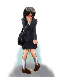 Rule 34 | 1girl, black eyes, black hair, black jacket, blue skirt, blush, brown footwear, clenched hands, covering own mouth, embarrassed, female focus, flat chest, full body, hand up, heel up, jacket, long hair, long sleeves, matching hair/eyes, miminari, miniskirt, nose blush, original, peeing, peeing self, pigeon-toed, pleated skirt, puddle, school uniform, shirt, shoes, simple background, skirt, socks, solo, standing, sweat, wet, wet clothes, white background, white shirt, white socks