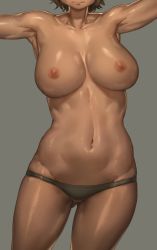 Rule 34 | 1girl, armpits, arms up, asymmetrical breasts, breasts, brown hair, closed mouth, cowboy shot, dark-skinned female, dark skin, free style (yohan1754), gluteal fold, grey background, grey panties, head out of frame, highres, large breasts, navel, nipples, original, outstretched arms, panties, shiny skin, short hair, simple background, solo, topless, underwear, underwear only