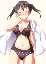 Rule 34 | 1girl, black hair, black one-piece swimsuit, breasts, casual one-piece swimsuit, cleavage, clothing cutout, commentary request, closed eyes, gradient hair, green hair, grin, hand on own face, jacket, jacket on shoulders, long hair, love live!, love live! nijigasaki high school idol club, medium breasts, multicolored hair, navel cutout, one-piece swimsuit, qy73, simple background, smile, solo, swimsuit, takasaki yu, twintails, two-tone hair, white background, white jacket