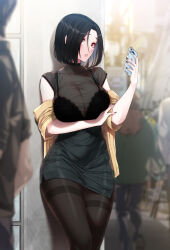 Rule 34 | 1girl, ^^^, against wall, akchu, black bra, black hair, black nails, black shirt, black skirt, bra, breasts, cellphone, cleavage, collarbone, feet out of frame, high-waist skirt, highres, hina (akchu), holding, holding phone, jacket, lace, lace-trimmed bra, lace trim, large breasts, long sleeves, looking at viewer, nail polish, notice lines, open clothes, open jacket, original, pantyhose, parted lips, people, phone, red eyes, see-through, shirt, short hair, short sleeves, skirt, smartphone, solo focus, speech bubble, standing, textless version, thighband pantyhose, underwear, yellow jacket