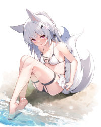 Rule 34 | 1girl, :p, absurdres, animal ears, barefoot, beach, bikini, blush, breasts, fang, fox ears, fox tail, highres, looking at viewer, miniskirt, multiple tails, nekomu, original, red eyes, sitting, skin fang, skirt, small breasts, solo, swimsuit, tail, thick eyebrows, tongue, tongue out, water, white background, white hair
