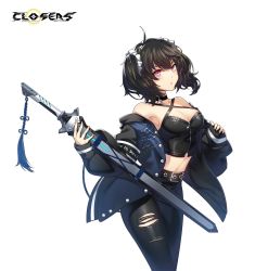 1girl ahoge armpits bai_winchester bare_shoulders belt black_hair black_pants black_shirt blue_jacket breasts choker cleavage closers criss-cross_halter crop_top expressionless hair_ornament hair_scrunchie halterneck halterneck heterochromia highres holding holding_sword holding_weapon jacket long_hair long_sleeves looking_at_viewer medium_breasts midriff navel off_shoulder official_art open_clothes open_jacket pants pink_eyes puffy_sleeves purple_eyes scrunchie shirt sleeveless sleeveless_shirt solo stomach sword tassel torn_clothes torn_pants twintails weapon