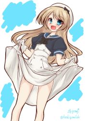 Rule 34 | 1girl, blonde hair, blue eyes, blue sailor collar, clothes lift, dress, dress lift, fur hat, gloves, hat, highres, hoshiei, jervis (kancolle), kantai collection, long hair, looking at viewer, open mouth, papakha, sailor collar, sailor dress, sailor hat, short sleeves, smile, solo, white dress, white gloves, white hat