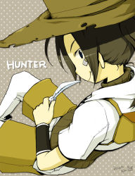 Rule 34 | 1boy, bandaid, bandaid on cheek, bandaid on face, blue eyes, brown background, brown hair, brown headwear, brown shirt, brown shorts, character name, closed mouth, crop top, dated, feathers, feet out of frame, holding, holding feather, hunter (ragnarok online), jacket, kano (coyotehunt), looking at viewer, looking back, medium hair, pants, pants under shorts, polka dot, polka dot background, ponytail, ragnarok online, shirt, short sleeves, shorts, smile, solo, white jacket, white pants, wristband