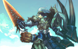 Rule 34 | 1girl, armor, arrow (projectile), blue eyes, blue sky, bow (weapon), breastplate, cloud, dual wielding, gauntlets, holding, holding bow (weapon), holding sword, holding weapon, long hair, monster hunter (series), outdoors, pauldrons, ponytail, quiver, ran&#039;ou (tamago no kimi), shoulder armor, sky, solo, sword, torn clothes, vambraces, veil, weapon, white hair