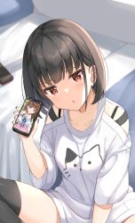 Rule 34 | 1girl, animal print, bed, black hair, black nails, black thighhighs, blue eyes, blush, breasts, cat print, cellphone, clothing cutout, collarbone, collared shirt, commentary request, feet out of frame, holding, holding phone, indoors, keiran (ryo170), looking at viewer, nail polish, original, parted lips, phone, pillow, pink shirt, print shirt, red eyes, shirt, shoulder cutout, small breasts, smartphone, solo, thighhighs, white shirt