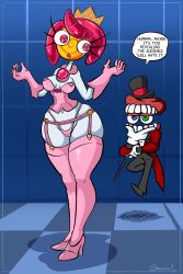 Rule 34 | 1boy, 1girl, alternate costume, blue eyes, breasts, caine (the amazing digital circus), candy girl, cleavage, corset, crown, curvy, dahs, dressing, english text, faceless, faceless male, food, full body, garter straps, gloves, green eyes, hat, heterochromia, highleg, highleg panties, highres, looking at another, medium hair, navel, no humans, panties, pink gloves, pink panties, princess loolilalu, the amazing digital circus, thinking, thong, underwear, underwear only, wide hips