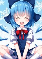 Rule 34 | 1girl, ^ ^, blue background, blue bow, blue dress, blue hair, bow, bowtie, cirno, closed eyes, collared dress, dress, gradient background, hair bow, highres, ice, ice wings, indian style, open mouth, puffy short sleeves, puffy sleeves, red bow, red bowtie, ruu (tksymkw), short hair, short sleeves, sitting, smile, snowflake background, snowflakes, socks, solo, teeth, touhou, v arms, white socks, wings