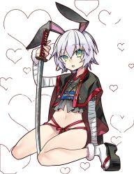 Rule 34 | 1girl, animal ears, bandages, belt, blue eyes, cape, commentary request, cosplay, fate/apocrypha, fate/grand order, fate (series), full body, hair between eyes, high heels, jack the ripper (fate/apocrypha), japanese clothes, katana, kimono, looking at viewer, navel, negi (ulog&#039;be), obi, rabbit ears, ribbon, sash, scar, short hair, short kimono, silver hair, sitting, solo, sword, transparent background, underwear, wariza, weapon, white background
