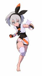 Rule 34 | 1girl, absurdres, barefoot, bea (pokemon), black bodysuit, black hairband, bodysuit, bodysuit under clothes, bow hairband, clenched hand, closed mouth, collared shirt, commentary request, creatures (company), dynamax band, frown, full body, game freak, gloves, grey eyes, grey hair, hair between eyes, hairband, highres, holding, holding poke ball, knee pads, leg up, looking at viewer, nintendo, okken, partially fingerless gloves, poke ball, pokemon, pokemon swsh, print shirt, print shorts, shirt, short hair, short sleeves, shorts, side slit, side slit shorts, single glove, solo, toes, ultra ball
