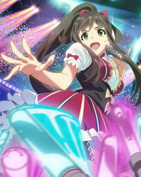 Rule 34 | 10s, 1girl, blurry, bow, brown hair, depth of field, frills, from below, glowstick, green eyes, hair bow, kondou mai, long hair, microphone, official art, pinky out, ponytail, solo, stage, sweat, very long hair, wake up girls!, wake up girls! stage no tenshi
