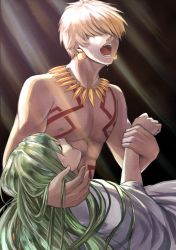 Rule 34 | 1boy, 1other, absurdres, bad id, bad pixiv id, blonde hair, chest tattoo, closed eyes, closed mouth, earrings, enkidu (fate), fate/strange fake, fate (series), gilgamesh (fate), green hair, hair over eyes, highres, holding hands, jewelry, long hair, necklace, open mouth, robe, shouting, spoilers, tattoo, tears, topless male, upper body, w-moz9-w