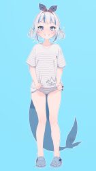 Rule 34 | 1girl, absurdres, bikini, blue bow, blue eyes, blue footwear, blue hair, blue nails, bow, bow hairband, clothes lift, crocs, female focus, fingernails, fins, fish tail, full body, gawr gura, grey hair, grin, hair bobbles, hair bow, hair ornament, hairband, highres, hololive, hololive english, lifted by self, light blue background, light blush, looking at viewer, lucasyecla99, multicolored hair, nail polish, official alternate hairstyle, outline, plaid, plaid bow, shark girl, shark tail, shirt, shirt lift, short sleeves, sidelocks, simple background, smile, solo, standing, straight-on, streaked hair, striped bikini, striped clothes, swimsuit, tail, two side up, underwear, v-neck, virtual youtuber, white shirt