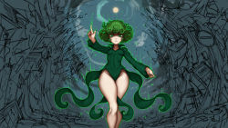 Rule 34 | 1girl, angry, breasts, covered navel, curly hair, green eyes, green hair, highres, hip focus, looking at viewer, moon, one-punch man, short hair, small breasts, solo, tatsumaki, the golden smurf, thick thighs, thighs