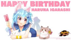 Rule 34 | 1girl, animal ears, bell, blue hair, bow, bracelet, cat, cat ears, character name, copyright name, copyright notice, food, hair ornament, hairpin, happy birthday, holding, holding food, jewelry, kotsuru kari, light blue hair, lying, mahjong soul, official art, on stomach, pink bow, popsicle, red eyes, simple background, solo, sweatband, tongue, tongue out, white background, yostar