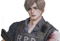 Rule 34 | 1boy, blood, blood on clothes, blue eyes, blue shirt, bulletproof vest, collared shirt, gun, highres, holding, holding gun, holding weapon, i monos, leon s. kennedy, male focus, parted bangs, parted lips, radio, resident evil, resident evil 2, resident evil 2 (remake), shirt, short hair, solo, swept bangs, upper body, weapon, white background, white shirt