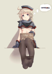 Rule 34 | 1girl, absurdres, ahoge, blonde hair, blush, breasts, english text, feet, gloves, highres, holding, holding sign, mahan (warship girls r), midriff, migimura sakimori, pantyhose, raised eyebrows, short hair, sign, sketch, soles, solo, tan background, thighband pantyhose, thought bubble, underboob, warship girls r