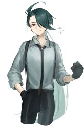 Rule 34 | 1girl, ahoge, androgynous, black gloves, black necktie, black pants, closed mouth, collarbone, collared shirt, creatures (company), cropped legs, earrings, game freak, gloves, green hair, grey shirt, hair over one eye, highres, holding, holding poke ball, jewelry, long hair, long sleeves, looking at viewer, necktie, nintendo, pants, poke ball, poke ball (basic), pokemon, pokemon sv, reverse trap, rika (pokemon), shirt, simple background, solo, suspenders, tokoni fusu, translation request, very long hair, white background