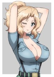 Rule 34 | 1girl, :p, absurdres, alternate costume, alternate hairstyle, aoshidan school uniform, arms behind head, arms up, blonde hair, blue eyes, blue shirt, breasts, bukkuri, cleavage, closed mouth, collared shirt, commentary, girls und panzer, green skirt, grey background, hair intakes, hair up, highres, kay (girls und panzer), large breasts, looking at viewer, medium hair, one eye closed, outside border, partially unbuttoned, ponytail, school uniform, shirt, short sleeves, skirt, smile, solo, suspender skirt, suspenders, tongue, tongue out, upper body