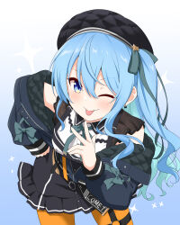 Rule 34 | ;p, absurdres, beret, black dress, black hat, blue eyes, blue hair, blush, bow, bow earrings, collared dress, commentary, dress, earrings, english commentary, felutiahime, hair between eyes, hair ribbon, hand on own hip, hat, highres, hololive, hoshimachi suisei, hoshimachi suisei (streetwear), jewelry, lace, lace sleeves, leaning forward, o-ring, o-ring thigh strap, official alternate costume, official alternate hair length, official alternate hairstyle, one eye closed, one side up, orange pantyhose, pantyhose, ribbon, short dress, short sleeves, smile, star (symbol), star in eye, symbol in eye, thigh strap, tongue, tongue out, virtual youtuber