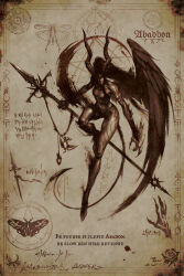 Rule 34 | 1girl, abaddon (mythology), absurdres, bare shoulders, breasts, brown hair, character name, claws, demon girl, demon horns, feathered wings, glowing, glowing eyes, highres, holding, holding polearm, holding weapon, horns, large breasts, large horns, latin text, long hair, looking at viewer, nate rose, original, polearm, scar, shiny skin, single wing, solo, spear, translation request, weapon, wings