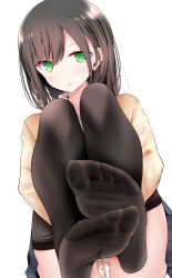 Rule 34 | 1girl, ass, blue skirt, blush, brown hair, brown thighhighs, clothes lift, commentary request, dutch angle, eyelashes, feet, foot focus, foreshortening, green eyes, hair between eyes, highres, hugging own legs, indoors, jk-chan (oouso), knees up, legs, long hair, long sleeves, looking at viewer, miniskirt, no shoes, oouso, original, panties, parted lips, pleated skirt, print panties, school uniform, sidelocks, simple background, skirt, skirt lift, soles, solo, sweatdrop, thighhighs, thighs, toes, underwear, white background
