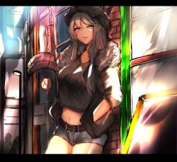 Rule 34 | 1girl, alternate costume, azur lane, belt, breasts, brick wall, building, commentary request, cowboy shot, dating, denim, denim shorts, enterprise (azur lane), fur collar, halterneck, hands in pockets, hat, jacket, lamppost, large breasts, leaning back, letterboxed, midriff, navel, open mouth, otsunabe (naabe delta), purple eyes, shorts, silver hair, solo, standing, urban, window