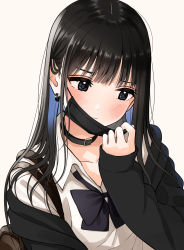 Rule 34 | 1girl, bag, black bow, black collar, black eyes, black hair, black jacket, blue hair, blush, bow, closed mouth, collar, collarbone, collared shirt, commentary request, earrings, glint, gradient hair, grey background, highres, hood, hood down, hooded jacket, jacket, jewelry, kentaurosu, long hair, long sleeves, looking away, mask, mask pull, mouth mask, multicolored hair, off shoulder, open clothes, open jacket, original, pulled by self, school uniform, shirt, simple background, sleeves past wrists, solo, two-tone hair, upper body, white shirt