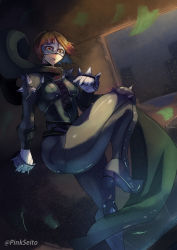 Rule 34 | 1girl, artist name, artist request, biker clothes, bikesuit, blush, bodysuit, boots, braid, brown hair, cameltoe, corset, covered navel, crown braid, female focus, french braid, gloves, highres, holding, holding weapon, knee boots, light smile, long sleeves, looking at viewer, mask, niijima makoto, orphen (pink seito), parted lips, persona, persona 5, red eyes, scarf, short hair, shoulder spikes, skin tight, smile, solo, spiked knuckles, spikes, standing, standing on one leg, weapon, white gloves