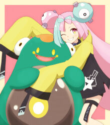 Rule 34 | 1girl, affectionate, bellibolt, bike shorts, blush, border, character hair ornament, commentary request, creatures (company), game freak, green hair, grin, hair ornament, happy, highres, iono (pokemon), jacket, koroni (nkrgs), long hair, multicolored hair, nintendo, one eye closed, pink background, pink hair, pokemon, pokemon (creature), pokemon sv, sleeves past fingers, sleeves past wrists, smile, star (symbol), star print, teeth, thigh strap, two-tone hair, yellow border, yellow jacket