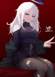 Rule 34 | 1girl, absurdres, artist logo, artist name, black jacket, black nails, blue eyes, breasts, brown pantyhose, brown skirt, closed mouth, clothing cutout, feet out of frame, gradient background, high-waist skirt, highres, jacket, large breasts, long hair, long sleeves, nail polish, off shoulder, original, pantyhose, purple sweater, red background, shimmer, shoulder cutout, skirt, smile, sweater, torn clothes, torn pantyhose, v, white hair