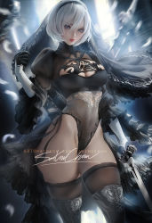 Rule 34 | 1girl, black dress, black footwear, black gloves, black hair, black hairband, black leotard, black thighhighs, blue eyes, blurry, blurry background, boots, breasts, bridal gauntlets, bridal veil, cleavage cutout, clothing cutout, covered navel, cowboy shot, dress, feathers, frilled dress, frilled sleeves, frills, gloves, groin, hairband, highleg, highleg leotard, holding, holding sword, holding weapon, juliet sleeves, katana, lace, lace-trimmed legwear, lace trim, leotard, long sleeves, medium breasts, mole, mole under mouth, nier (series), nier:automata, puffy sleeves, red lips, sakimichan, see-through, short hair, side-tie leotard, signature, skindentation, solo, sword, taut leotard, thigh boots, thighhighs, thighhighs under boots, veil, weapon, wedding dress, white gloves, wind, 2b (nier:automata)