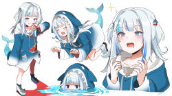 Rule 34 | 1girl, animal costume, animal hood, blood, blood on face, blue eyes, blue hair, closed eyes, closed mouth, collarbone, commentary, drooling, english commentary, fins, fish tail, gawr gura, gawr gura (1st costume), hair ornament, highres, hololive, hololive english, hood, jitome, long hair, long sleeves, looking at viewer, multicolored hair, multiple views, open mouth, ormille, saliva, shark costume, shark hair ornament, shark hood, shark print, shark tail, sharp teeth, shoes, simple background, smile, sparkle, standing, streaked hair, tail, teeth, two side up, v-shaped eyebrows, virtual youtuber, white background, white hair